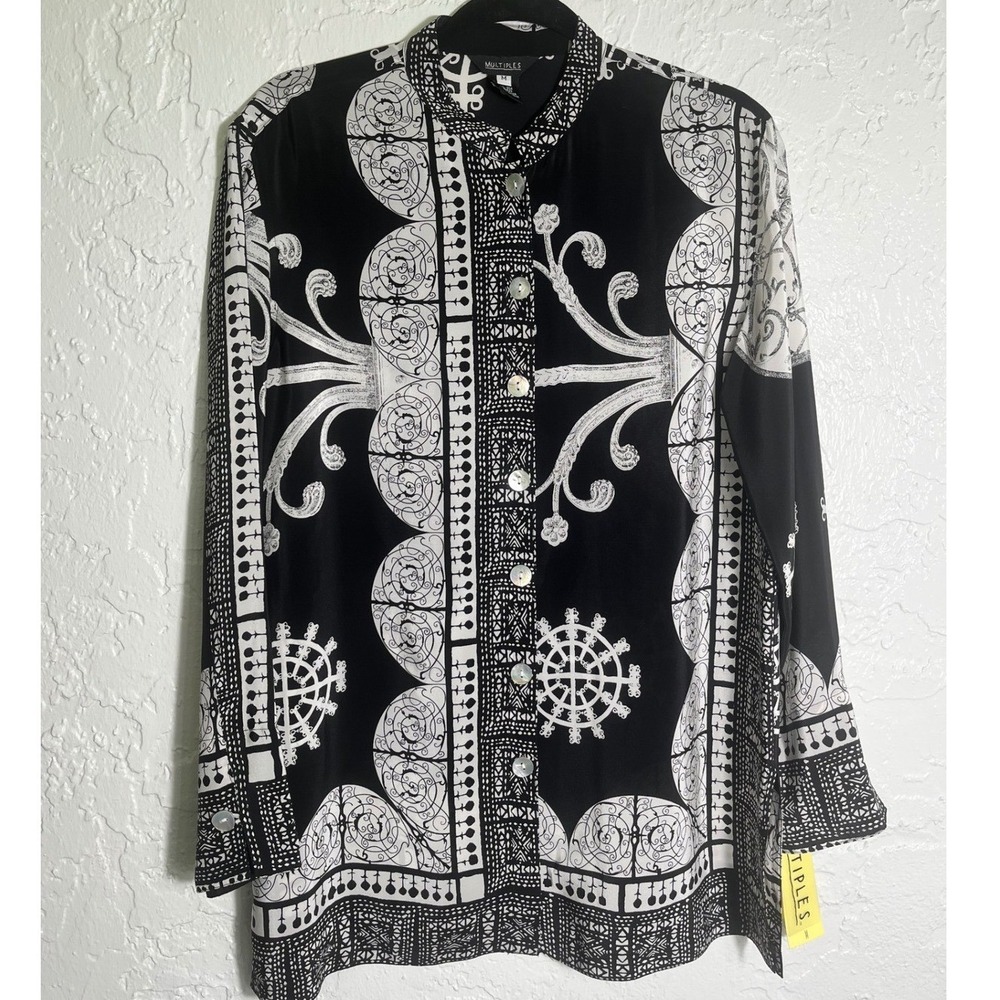 Multiples Womens 100% Silk Button Down Blouse Black White Baroque Print Medium